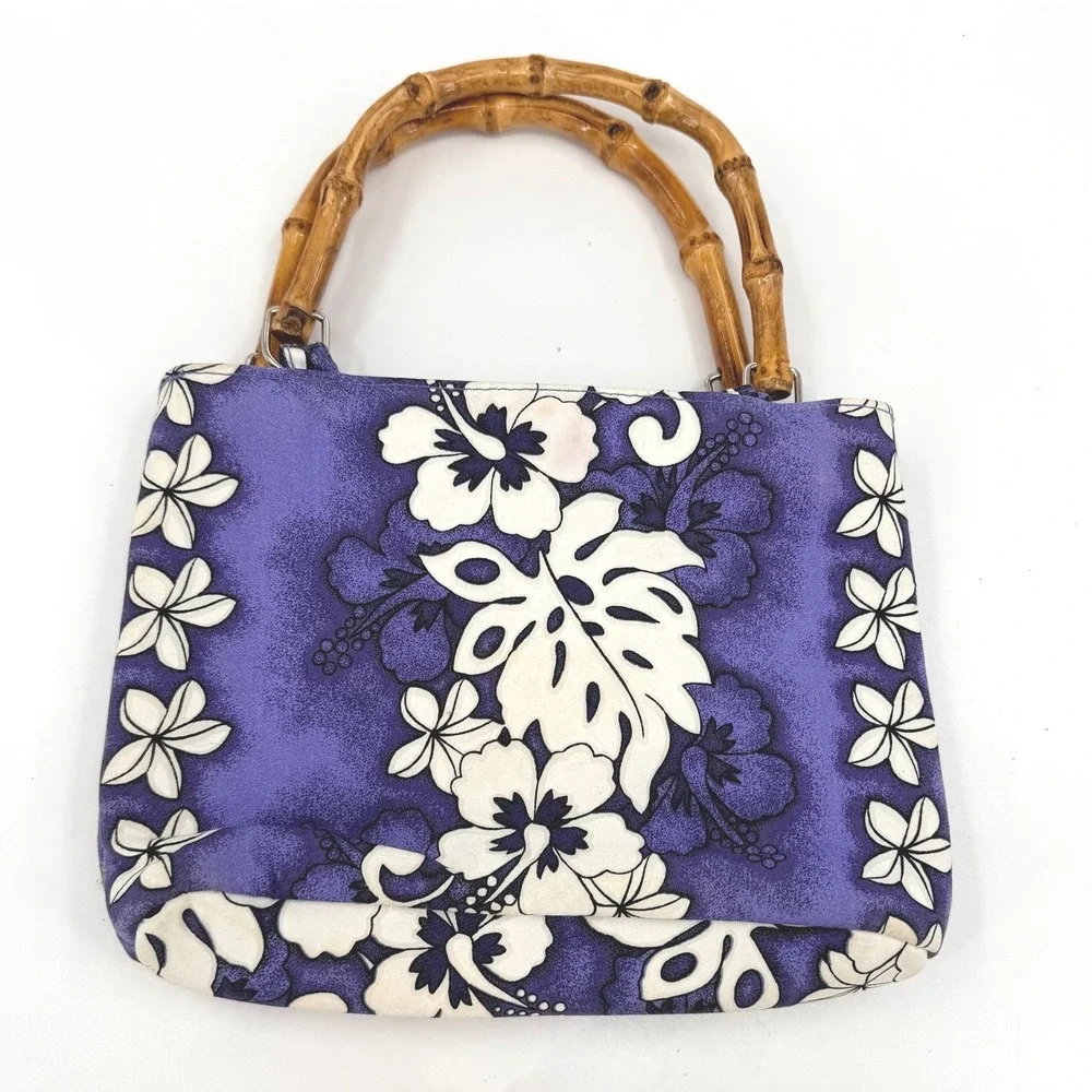 Vintage Hawaiian‎ Hibiscus Floral Purple Canvas Handbag with Bamboo Handles
